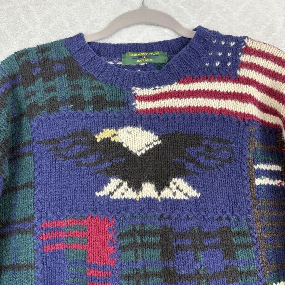 Vtg Hand Knit 100% Wool Crewneck Sweater Mens M USA American Flag Eagle Preppy - Picture 2 of 9